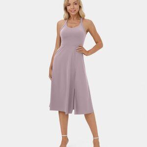 Backless Cut Out Twisted Side Pocket Split Midi Casual Dress X-Large Pink Purple